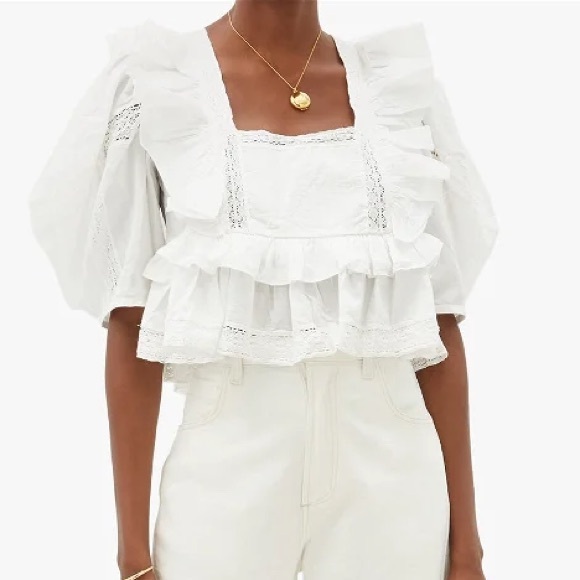RHODE Charlotte Lace and Ruffle Cotton Peasant Blouse with puff sleeves … (LG) - Picture 4 of 9